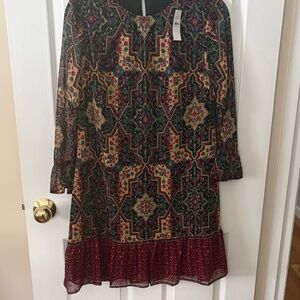 LOFT Gold shimmer Long Sheer Sleeve Shift Dress - Red Accent